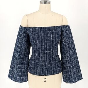 NEW Zara Tweed Off Shoulder Top Blue S preppy 90s Business casual valley girl